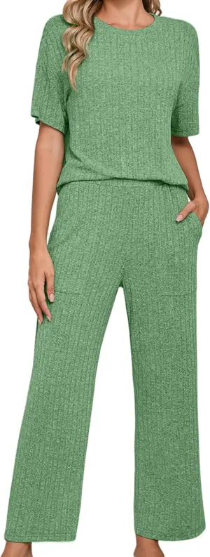 Heymoments Pajamas for Women Ribbed Knit Lounge Set Short Sleeve Top and Sleepwear Pants with Pockets S-XXL