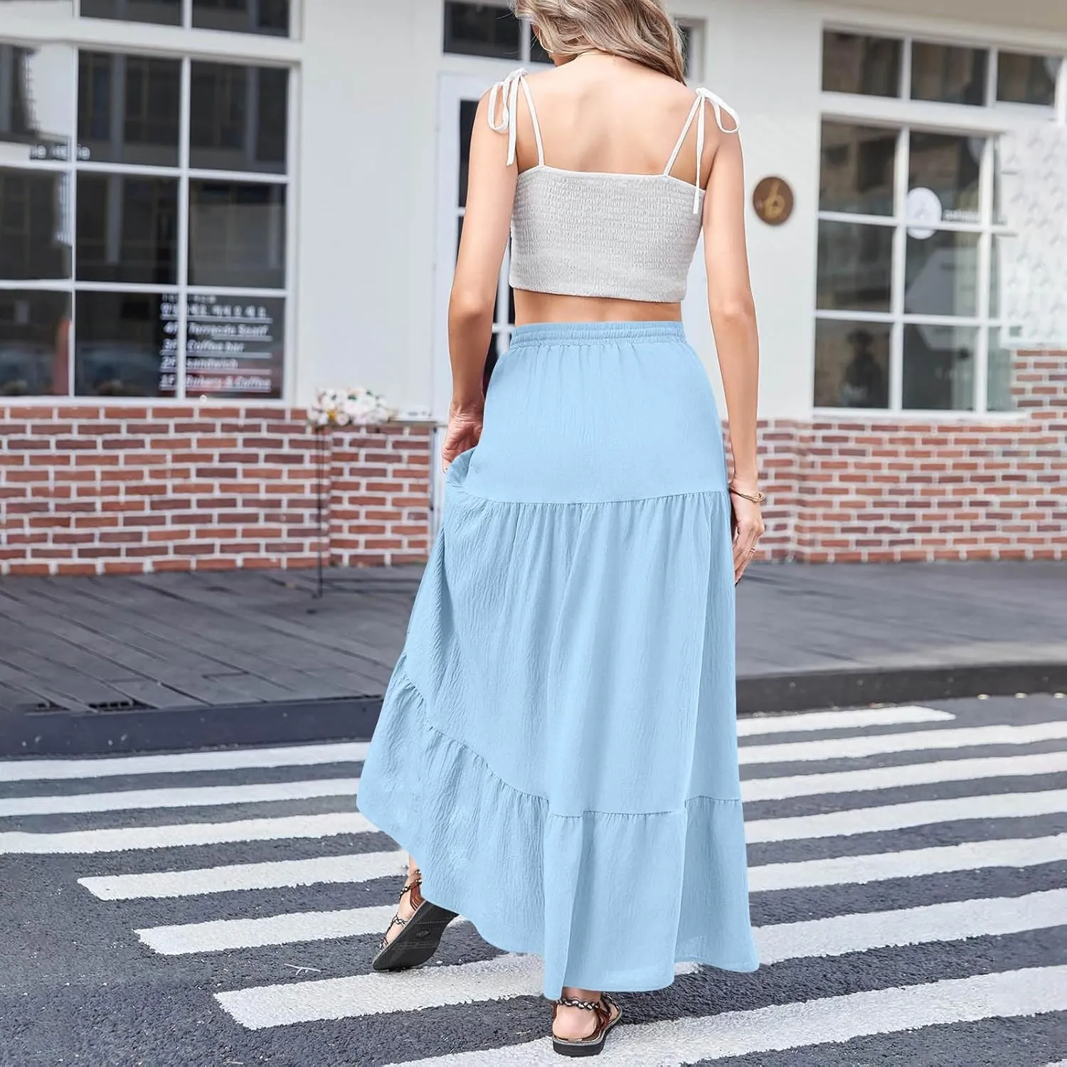 HGps8w Women's 2025 Summer Boho Linen Slit Flowy Maxi Skirt, Trendy Elastic Waist A Line Tiered Beach Long Skirts