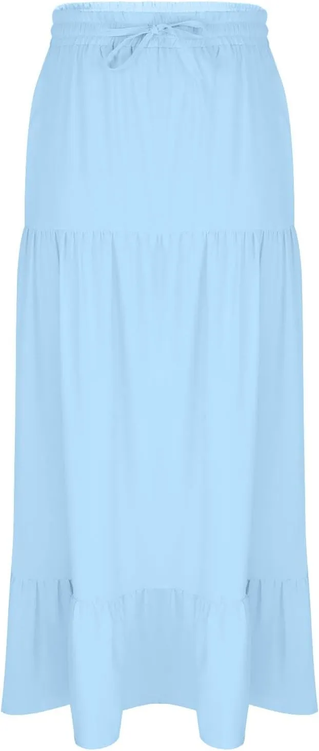 HGps8w Women's 2025 Summer Boho Linen Slit Flowy Maxi Skirt, Trendy Elastic Waist A Line Tiered Beach Long Skirts