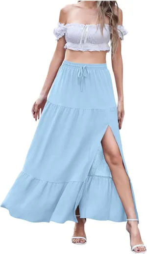 HGps8w Women's 2025 Summer Boho Linen Slit Flowy Maxi Skirt, Trendy Elastic Waist A Line Tiered Beach Long Skirts