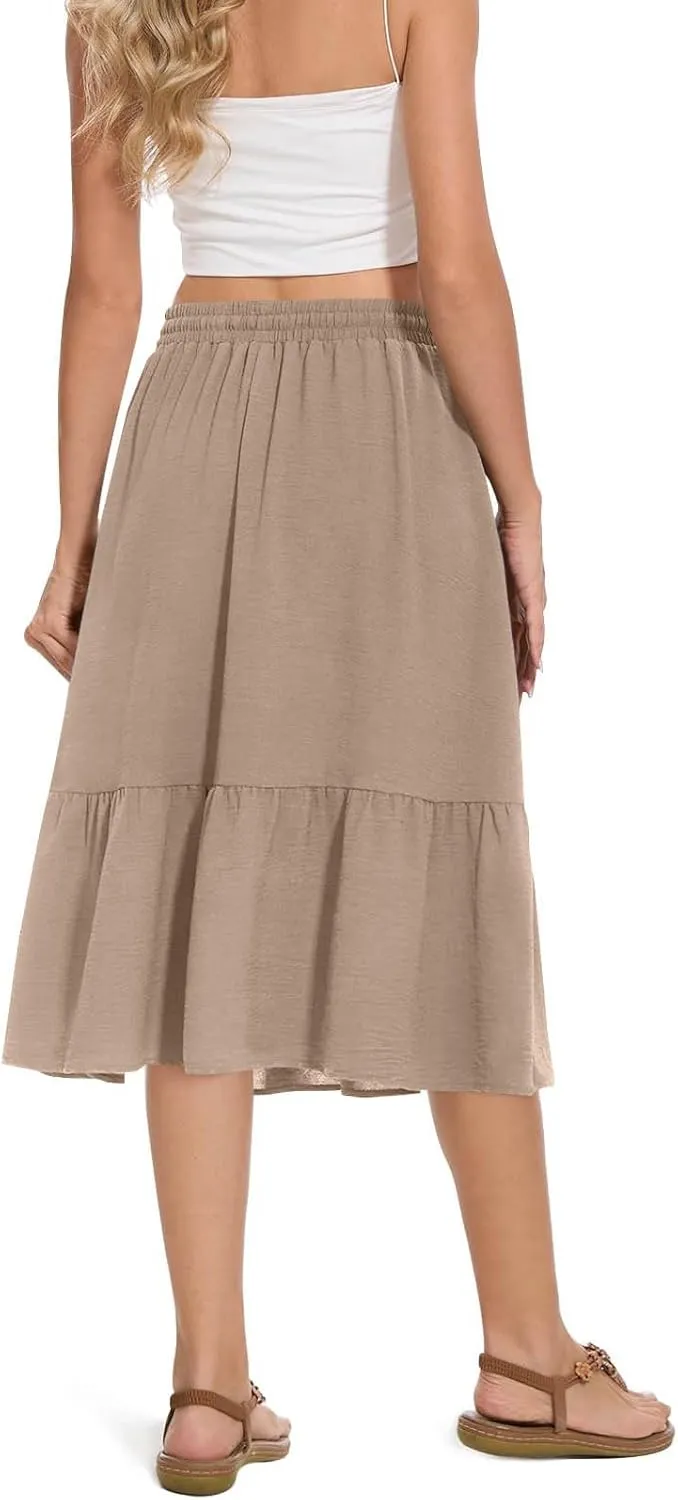 HGps8w Women's 2025 Summer Linen Midi Skirt, Trendy Casual Drawstring A-Line Elastic Waist Beach Dress Skirts with Pockets