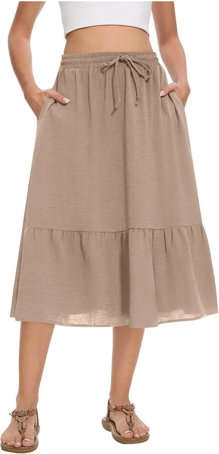 HGps8w Women's 2025 Summer Linen Midi Skirt, Trendy Casual Drawstring A-Line Elastic Waist Beach Dress Skirts with Pockets