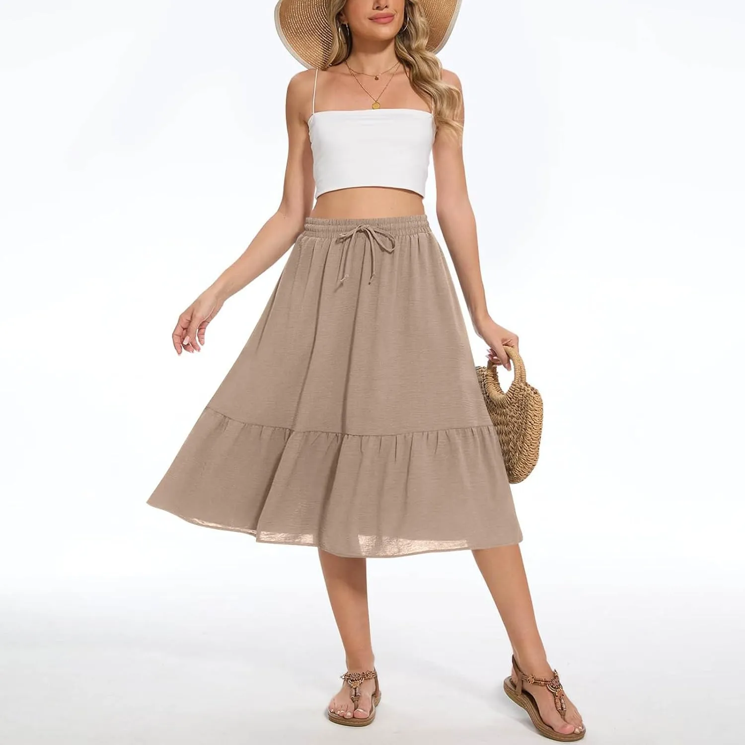 HGps8w Women's 2025 Summer Linen Midi Skirt, Trendy Casual Drawstring A-Line Elastic Waist Beach Dress Skirts with Pockets