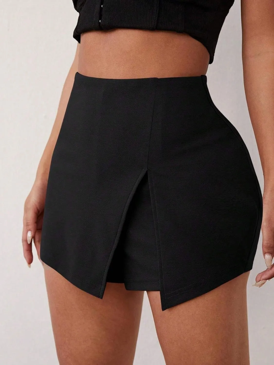 High Waisted Shorts Solid Slit Hem Skort Casual Short