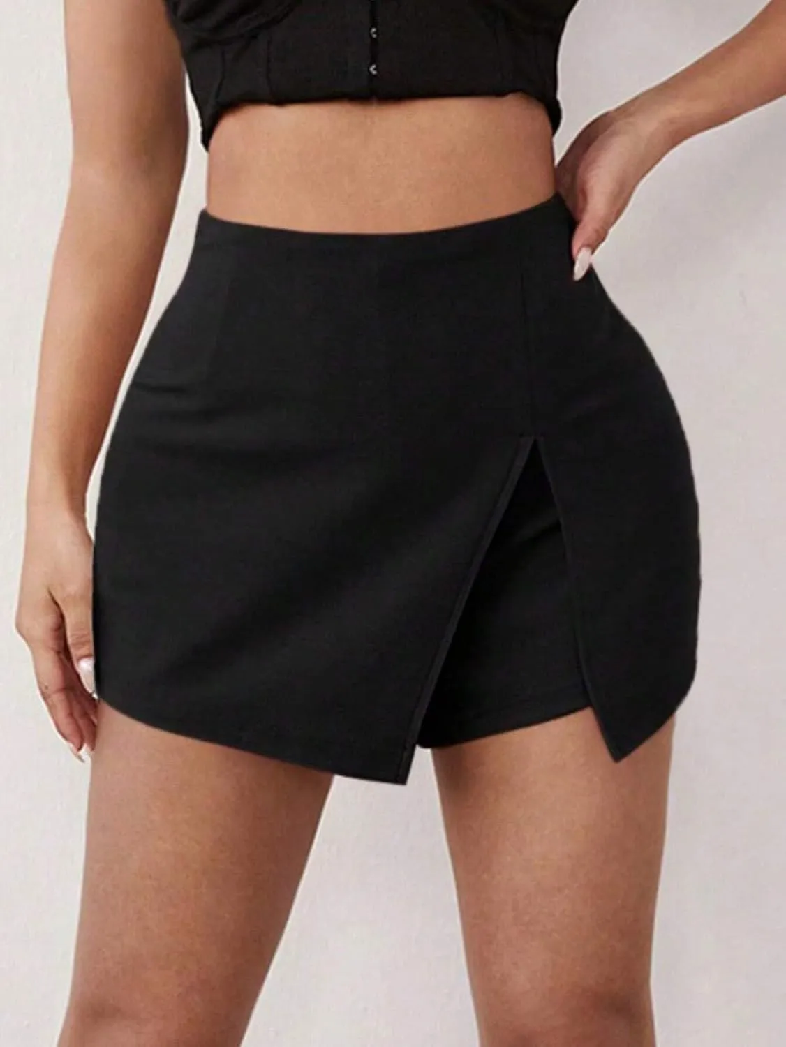 High Waisted Shorts Solid Slit Hem Skort Casual Short