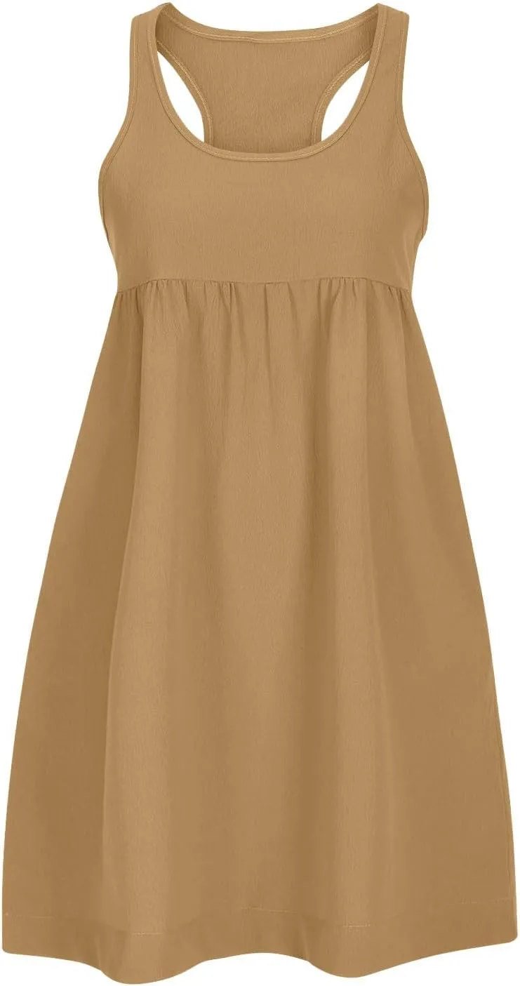 Hot Shot Mini Dress 2024 Summer Sleeveless Loose Fit Sundresses with Pockets Solid Color Scoop Neck Beach Dresses