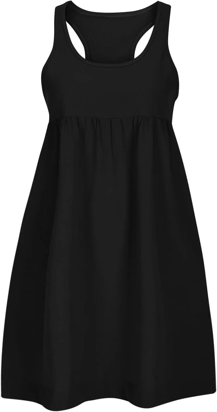 Hot Shot Mini Dress 2024 Summer Sleeveless Loose Fit Sundresses with Pockets Solid Color Scoop Neck Beach Dresses