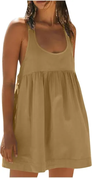 Hot Shot Mini Dress 2024 Summer Sleeveless Loose Fit Sundresses with Pockets Solid Color Scoop Neck Beach Dresses