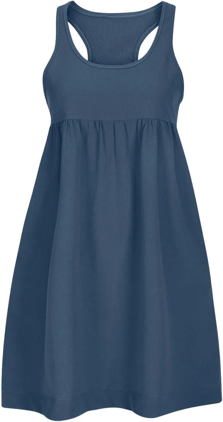 Hot Shot Mini Dress 2024 Summer Sleeveless Loose Fit Sundresses with Pockets Solid Color Scoop Neck Beach Dresses