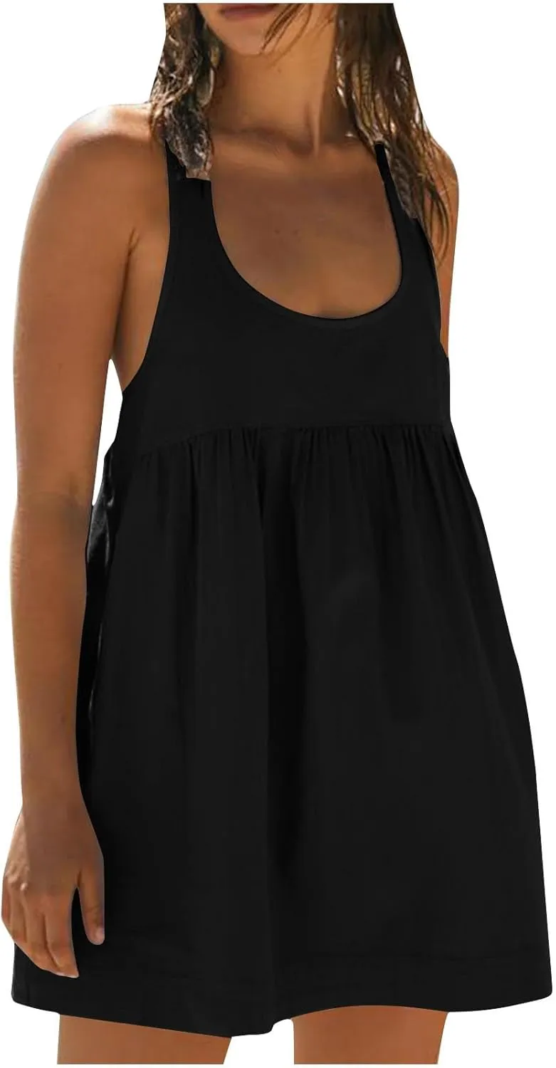 Hot Shot Mini Dress 2024 Summer Sleeveless Loose Fit Sundresses with Pockets Solid Color Scoop Neck Beach Dresses