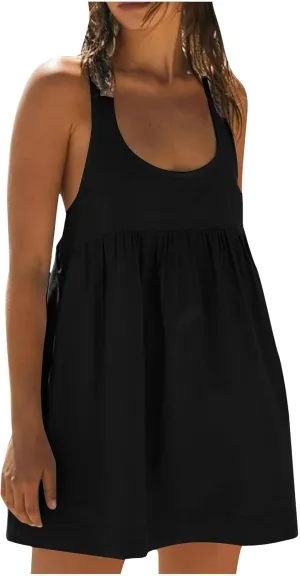 Hot Shot Mini Dress 2024 Summer Sleeveless Loose Fit Sundresses with Pockets Solid Color Scoop Neck Beach Dresses