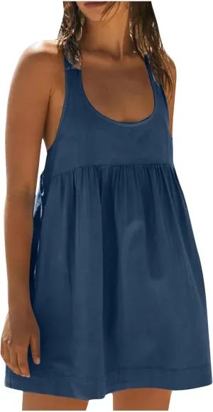 Hot Shot Mini Dress 2024 Summer Sleeveless Loose Fit Sundresses with Pockets Solid Color Scoop Neck Beach Dresses