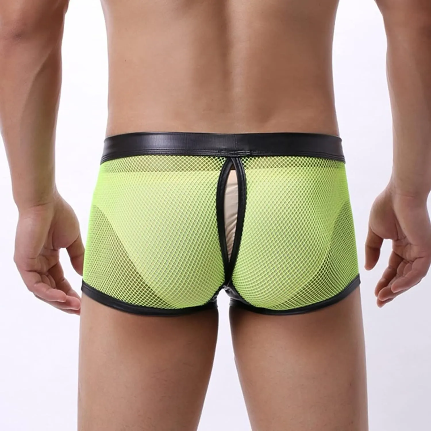 JEsilunmaMY Hollow Boxer Briefs for Men Open Crotch Leather Underwear with Removable Pouch See Through Mesh Shorts Clubwear