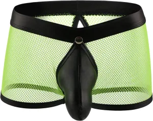 JEsilunmaMY Hollow Boxer Briefs for Men Open Crotch Leather Underwear with Removable Pouch See Through Mesh Shorts Clubwear