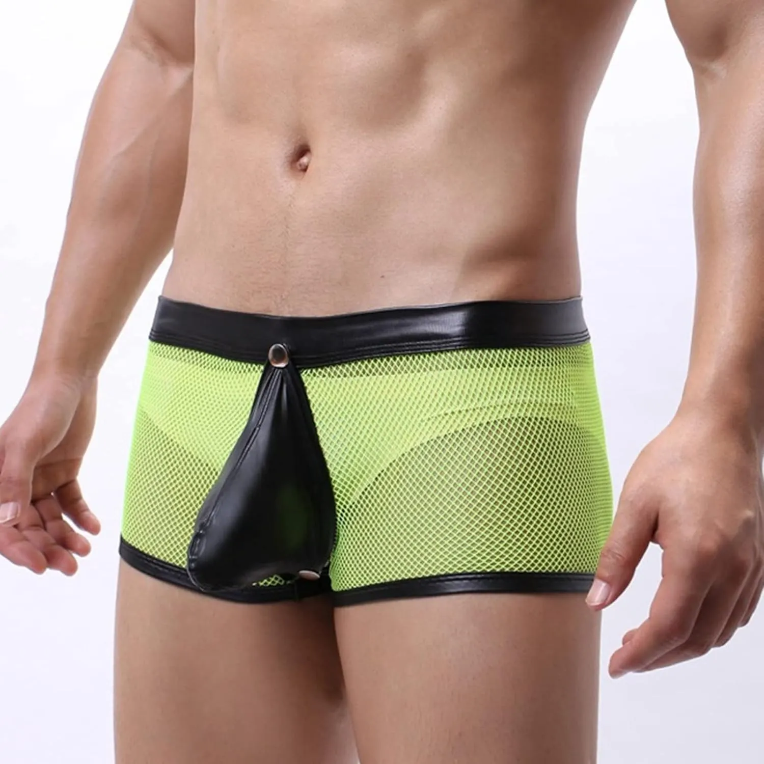 JEsilunmaMY Hollow Boxer Briefs for Men Open Crotch Leather Underwear with Removable Pouch See Through Mesh Shorts Clubwear