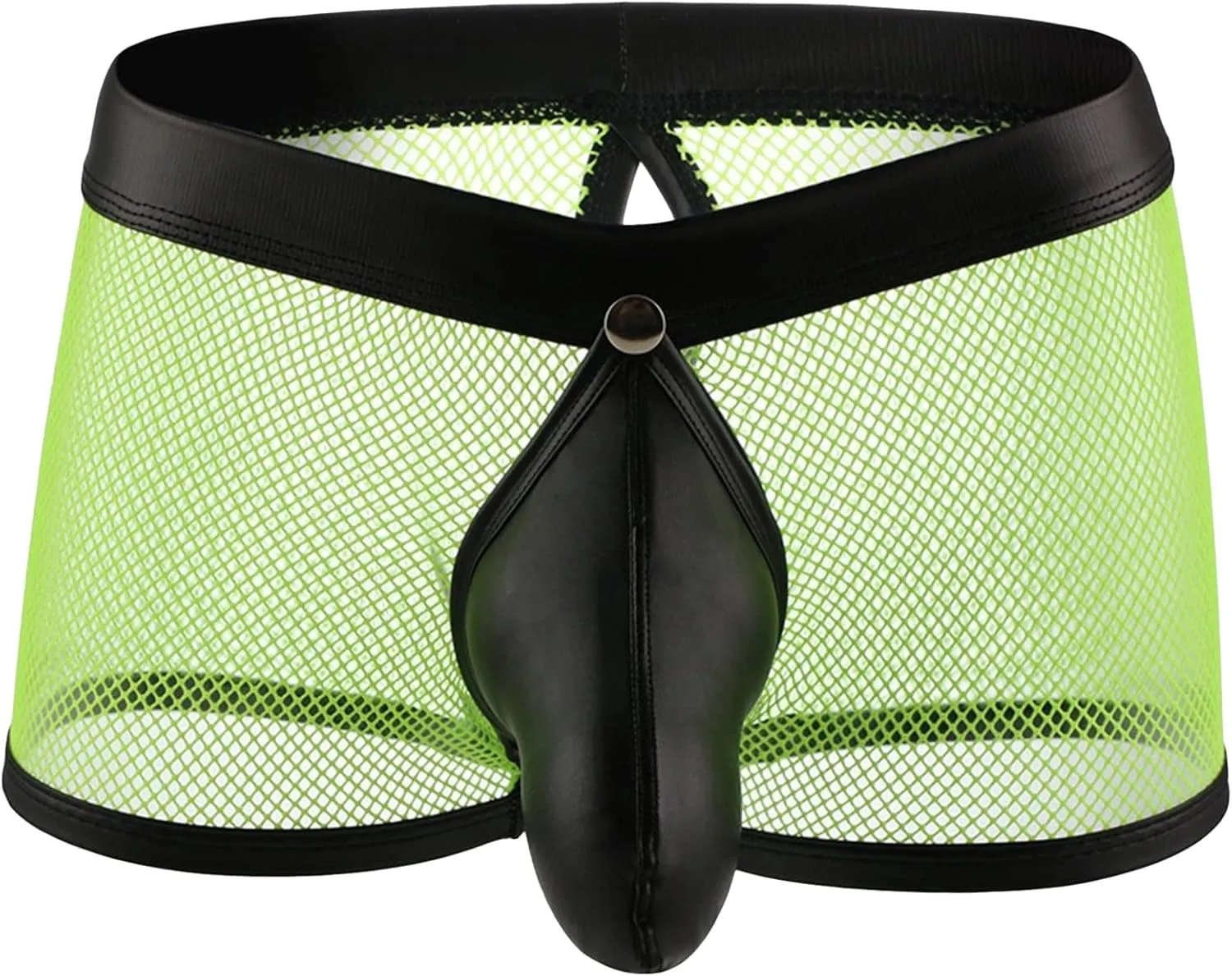 JEsilunmaMY Hollow Boxer Briefs for Men Open Crotch Leather Underwear with Removable Pouch See Through Mesh Shorts Clubwear