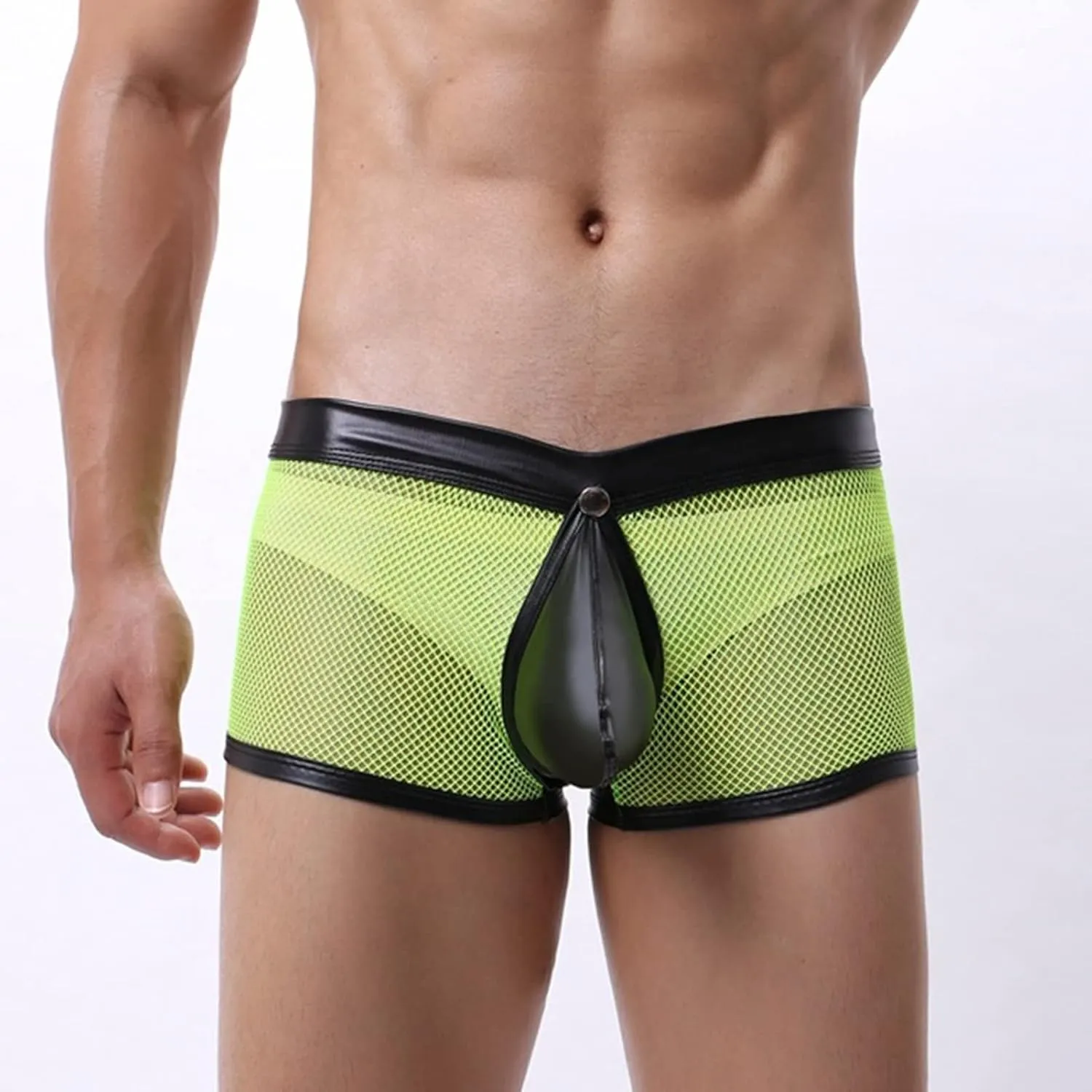 JEsilunmaMY Hollow Boxer Briefs for Men Open Crotch Leather Underwear with Removable Pouch See Through Mesh Shorts Clubwear