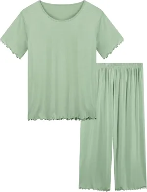 Joyaria Cooling Pajamas for Women Bamboo Viscose Pjs Capri Pants Short Sleeve Sleepwear with Ruffle Trim