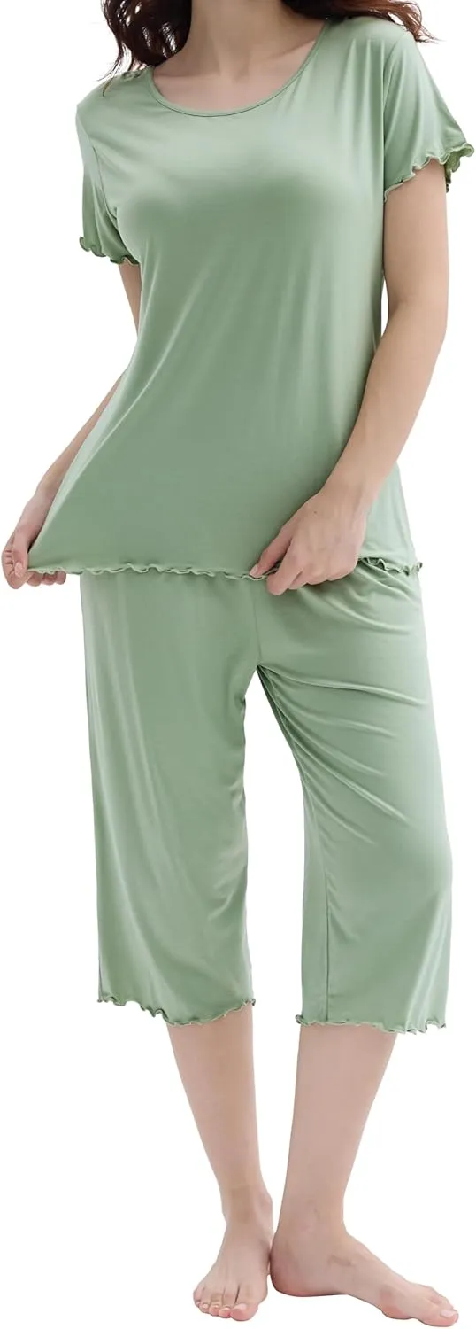 Joyaria Cooling Pajamas for Women Bamboo Viscose Pjs Capri Pants Short Sleeve Sleepwear with Ruffle Trim