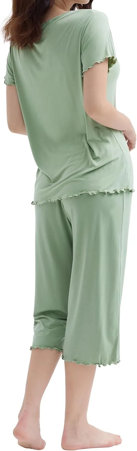 Joyaria Cooling Pajamas for Women Bamboo Viscose Pjs Capri Pants Short Sleeve Sleepwear with Ruffle Trim