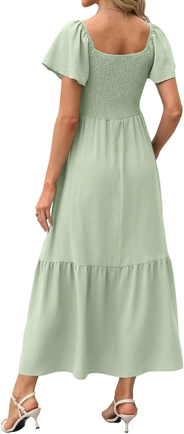 Kubbon Flutter Sleeve Dress for Women Square Neck Flowy Tiered Maxi Dresses Elegant Wedding Guest Dress with Pockets