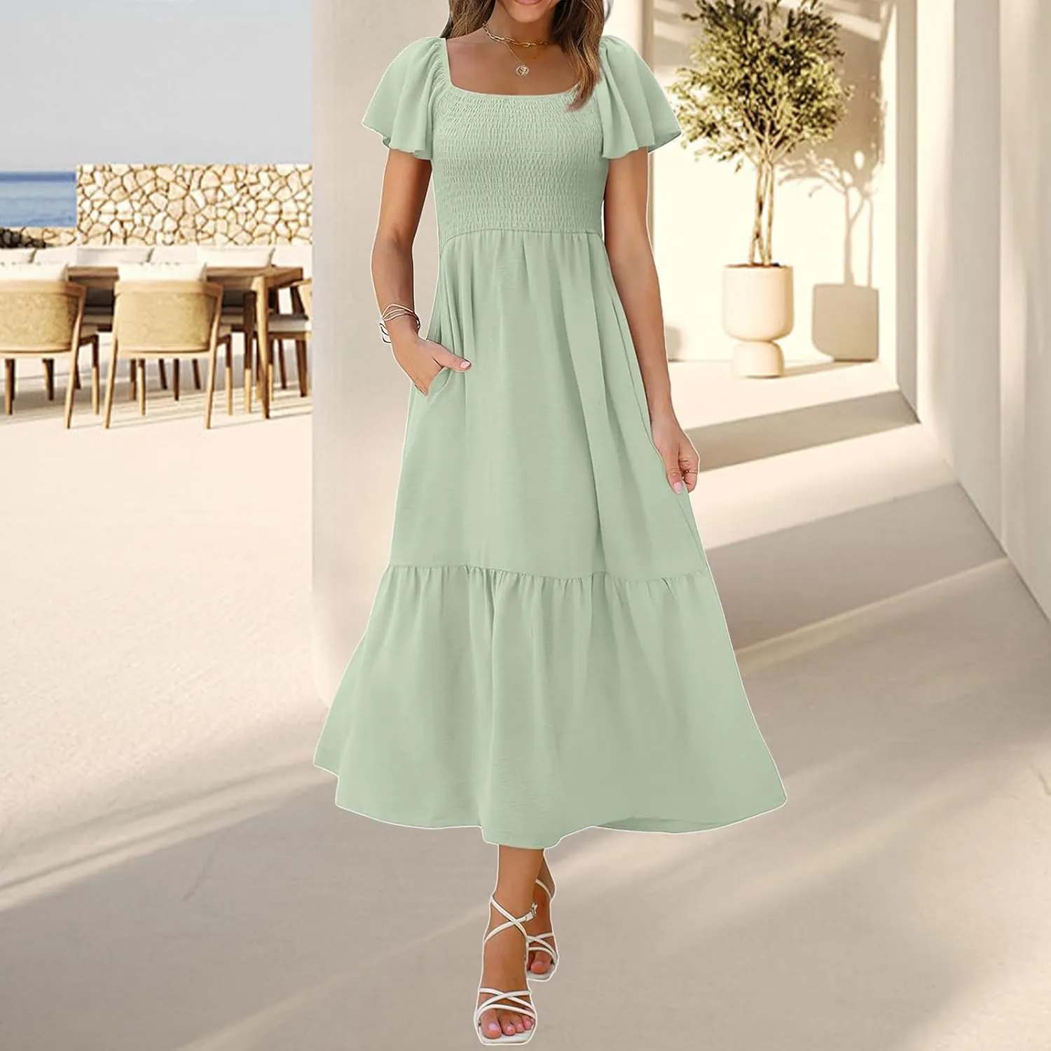 Kubbon Flutter Sleeve Dress for Women Square Neck Flowy Tiered Maxi Dresses Elegant Wedding Guest Dress with Pockets