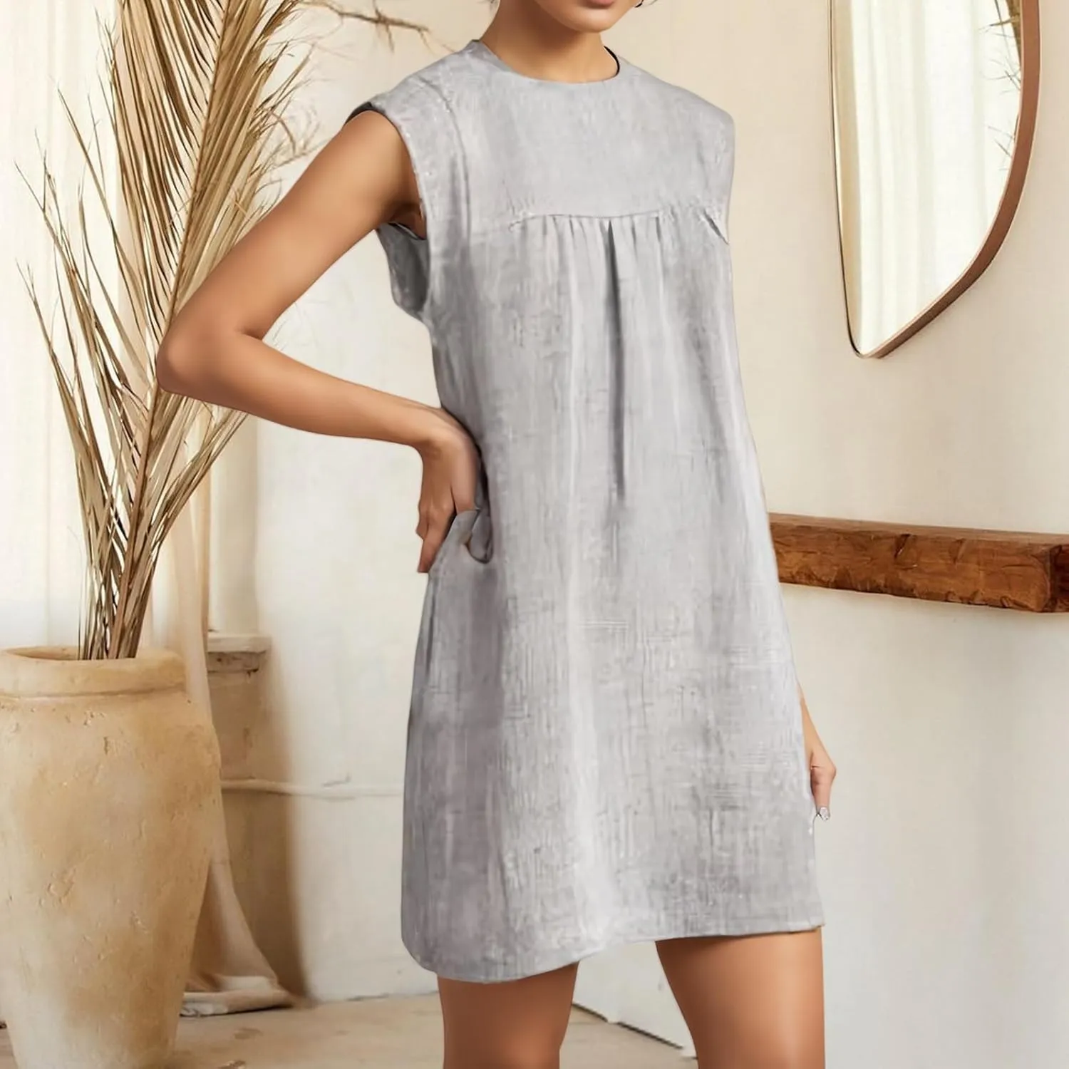 Kubbon Linen Dress Women Sleeveless T-Shirt Dress Casual Round Neck Mini Dresses Solid Color Loose Beach Sundress 2025