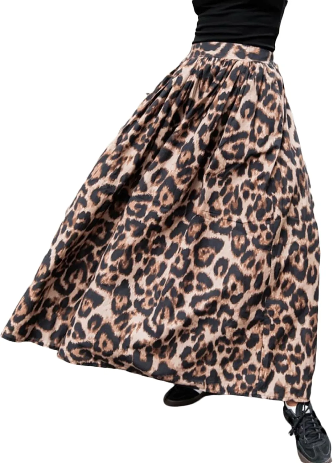Leopard Skirt A-Line Swing Pleated Maxi Skirts for Women Cheetah Print with Pocket 2025 Spring