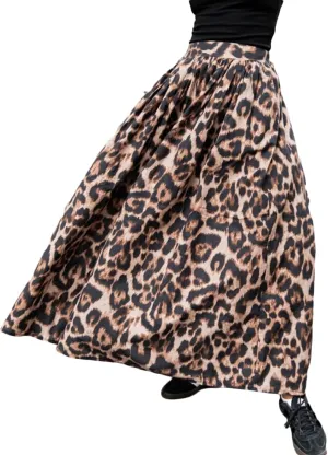Leopard Skirt A-Line Swing Pleated Maxi Skirts for Women Cheetah Print with Pocket 2025 Spring