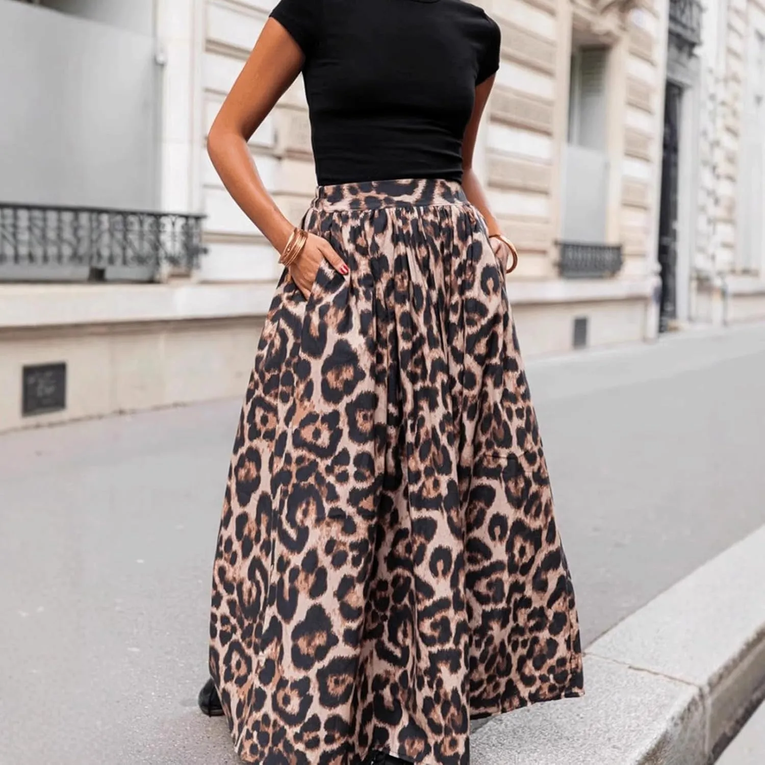 Leopard Skirt A-Line Swing Pleated Maxi Skirts for Women Cheetah Print with Pocket 2025 Spring