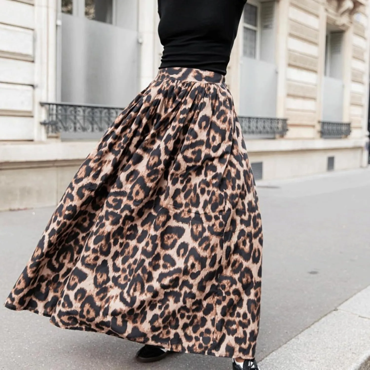 Leopard Skirt A-Line Swing Pleated Maxi Skirts for Women Cheetah Print with Pocket 2025 Spring