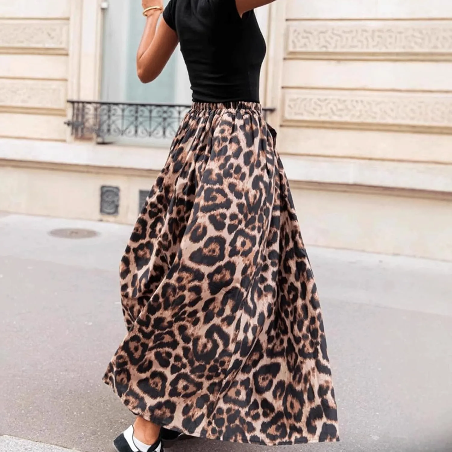 Leopard Skirt A-Line Swing Pleated Maxi Skirts for Women Cheetah Print with Pocket 2025 Spring