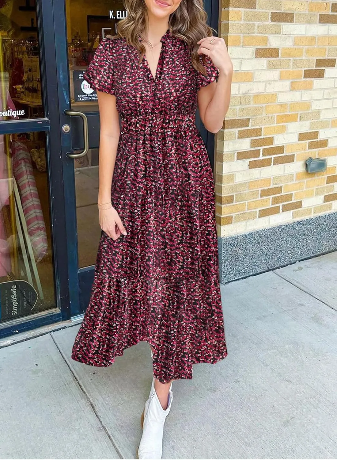 LOLONG Maxi Dress for Women Summer Casual V Neck Puff Short Sleeve Boho Beach Flowy Wrap Long Dress