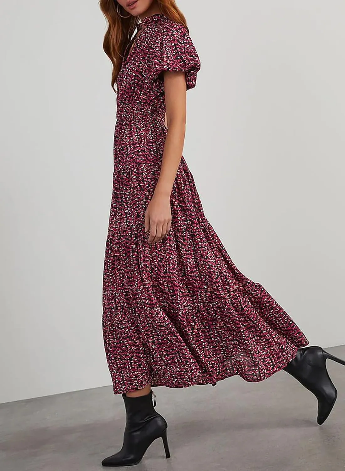 LOLONG Maxi Dress for Women Summer Casual V Neck Puff Short Sleeve Boho Beach Flowy Wrap Long Dress