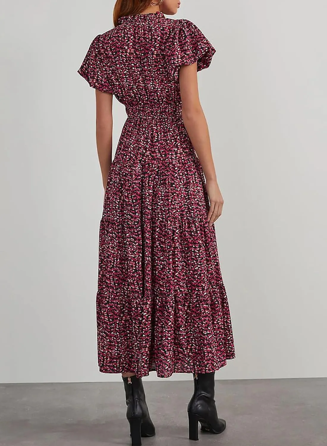 LOLONG Maxi Dress for Women Summer Casual V Neck Puff Short Sleeve Boho Beach Flowy Wrap Long Dress