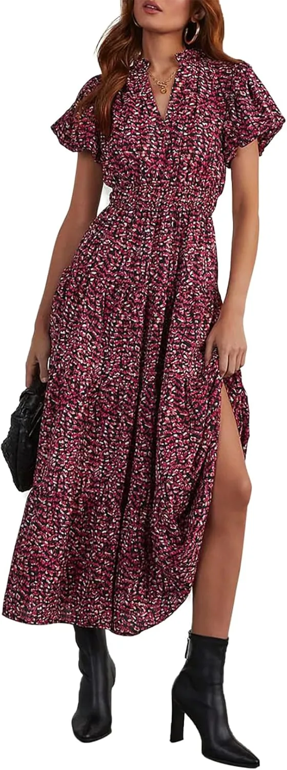 LOLONG Maxi Dress for Women Summer Casual V Neck Puff Short Sleeve Boho Beach Flowy Wrap Long Dress