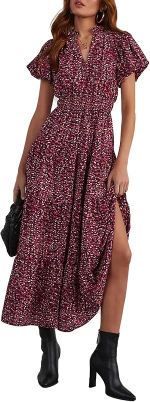 LOLONG Maxi Dress for Women Summer Casual V Neck Puff Short Sleeve Boho Beach Flowy Wrap Long Dress