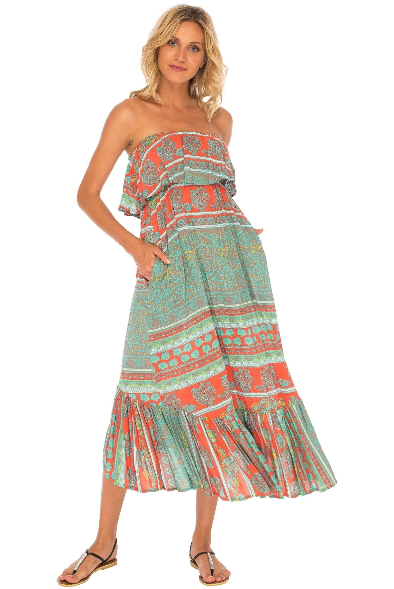Long Flowy Tube Top Dress Sleeveless with Side Pockets