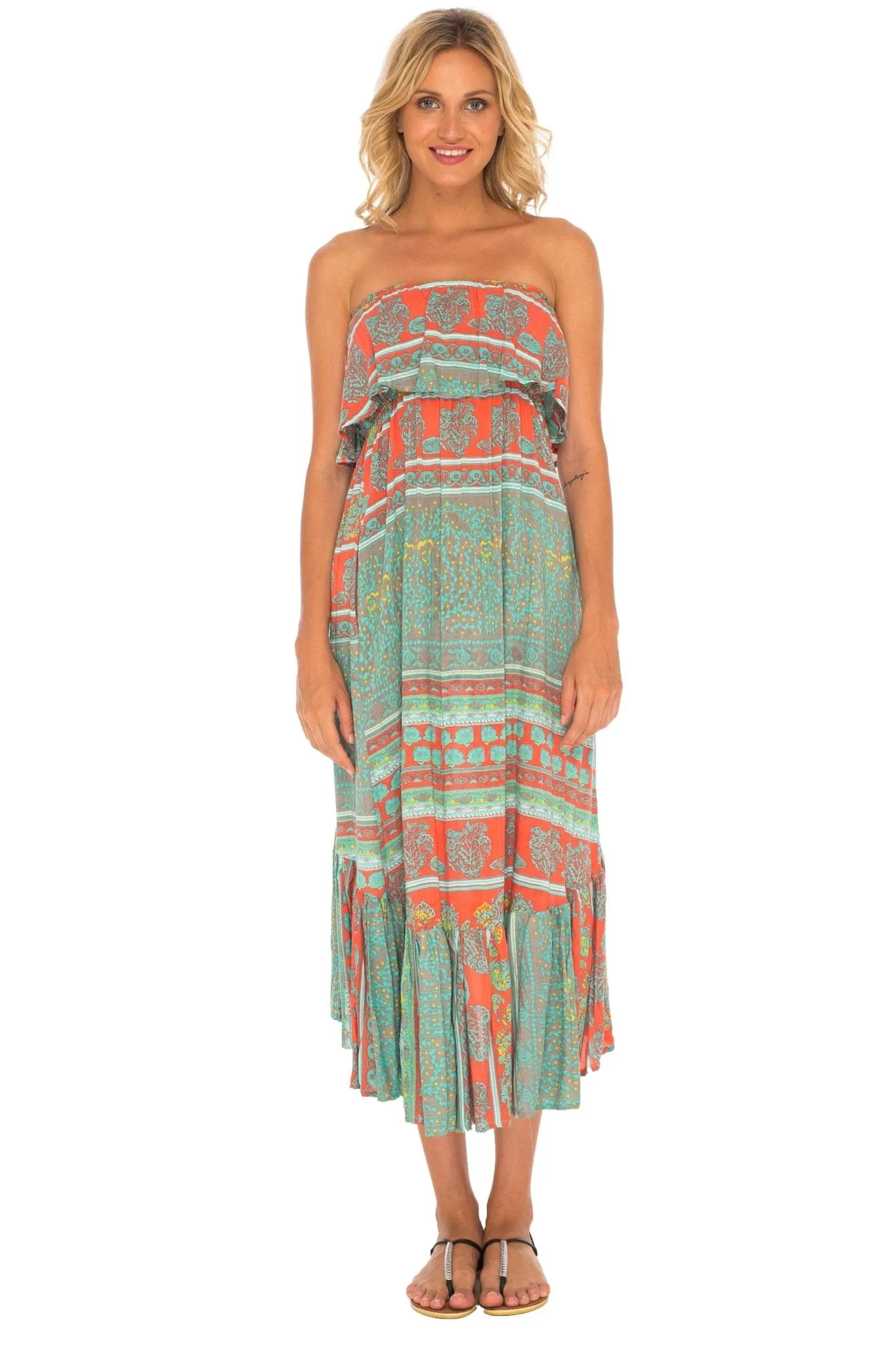 Long Flowy Tube Top Dress Sleeveless with Side Pockets