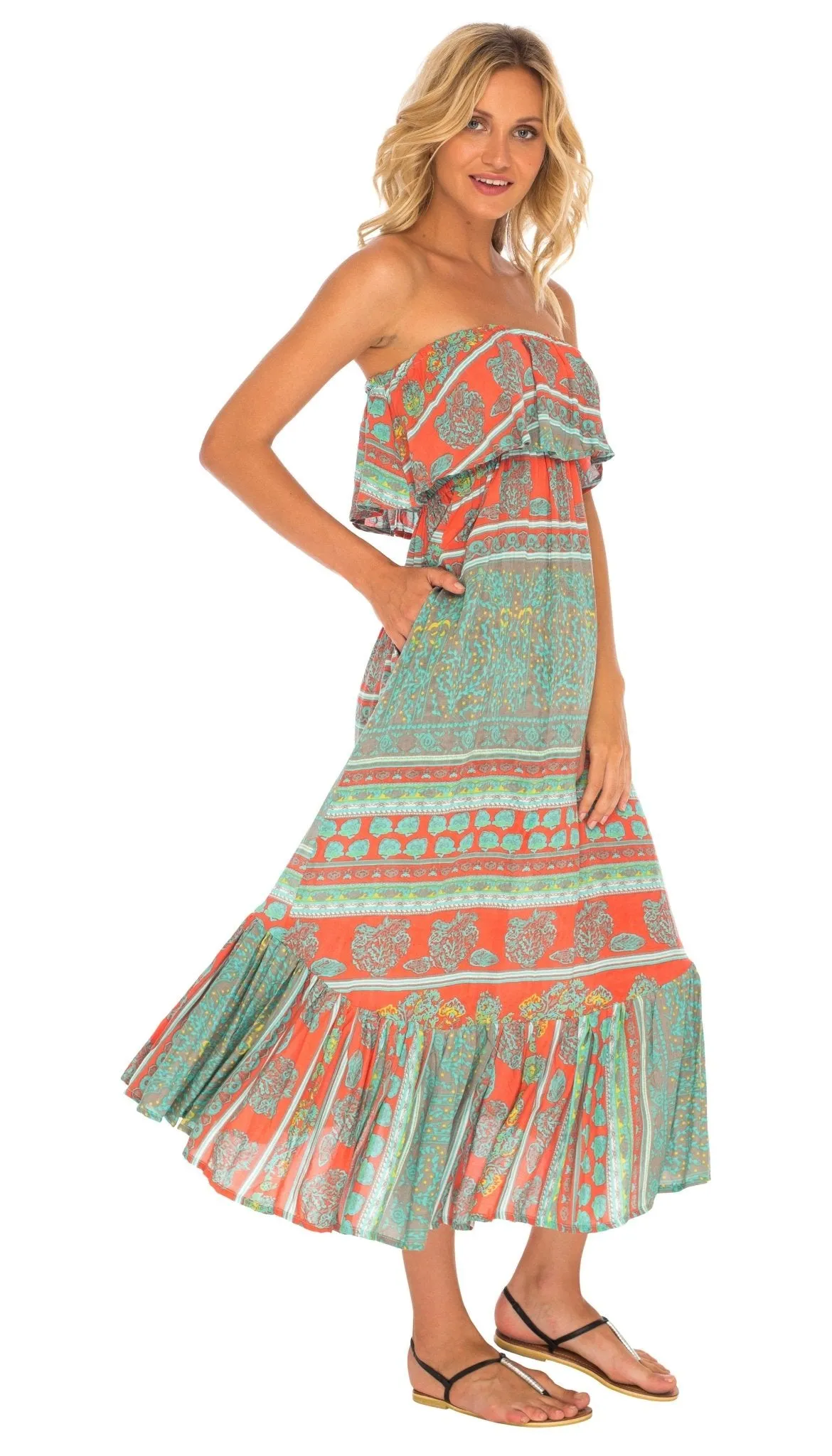 Long Flowy Tube Top Dress Sleeveless with Side Pockets