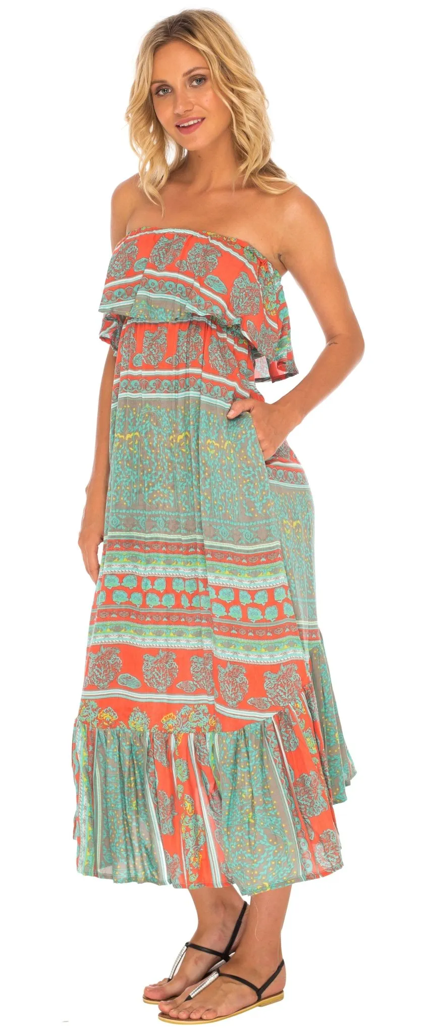 Long Flowy Tube Top Dress Sleeveless with Side Pockets