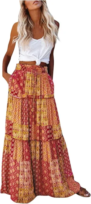 Long Skirts for Women Summer Floral High Waisted Casual A Line Skirt Pleated Beach Flowy Boho Maxi Skirt with Pockets