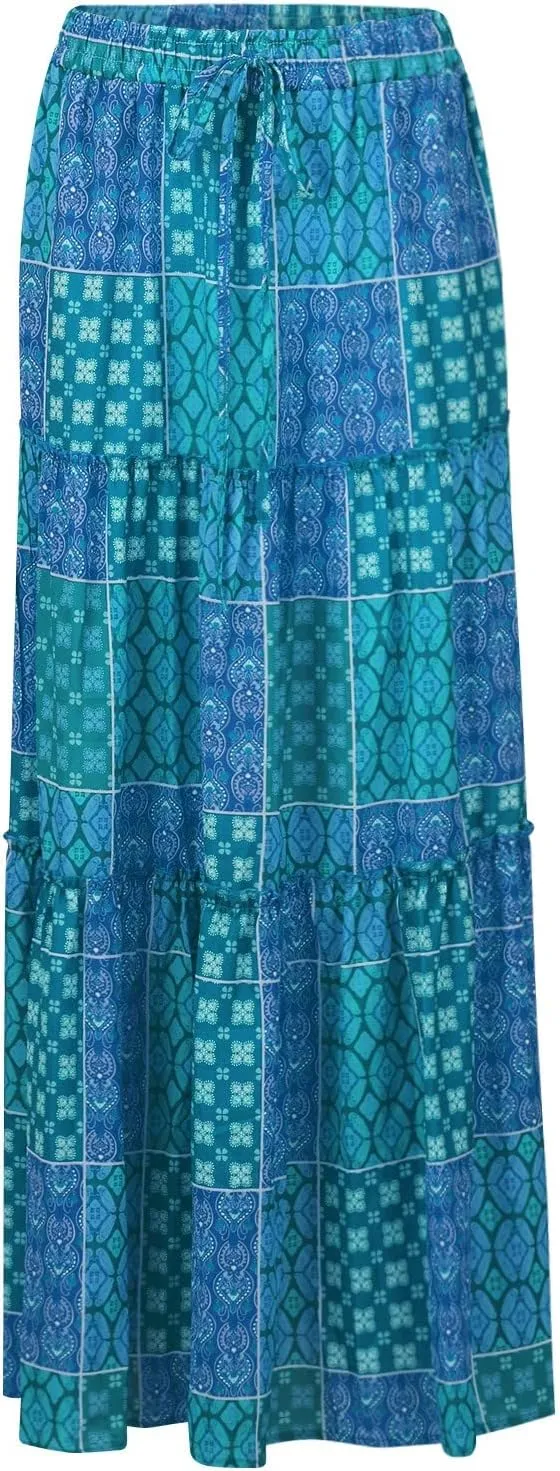 Long Skirts for Women Summer Floral High Waisted Casual A Line Skirt Pleated Beach Flowy Boho Maxi Skirt with Pockets