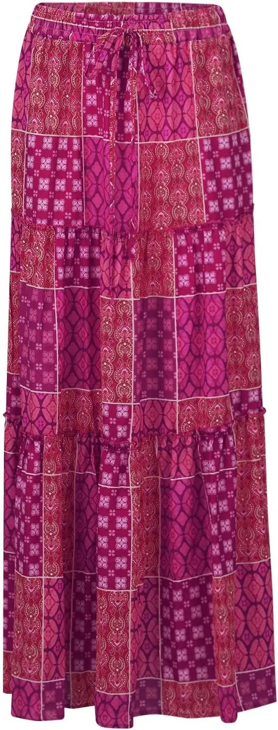 Long Skirts for Women Summer Floral High Waisted Casual A Line Skirt Pleated Beach Flowy Boho Maxi Skirt with Pockets