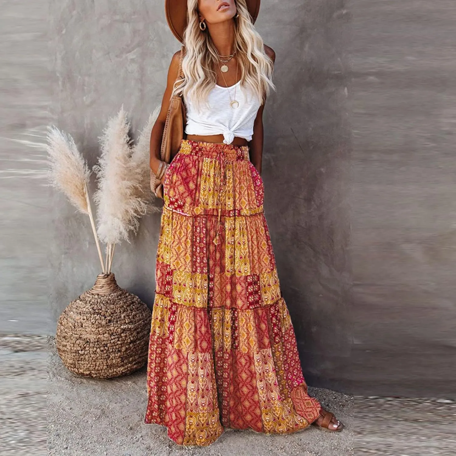 Long Skirts for Women Summer Floral High Waisted Casual A Line Skirt Pleated Beach Flowy Boho Maxi Skirt with Pockets