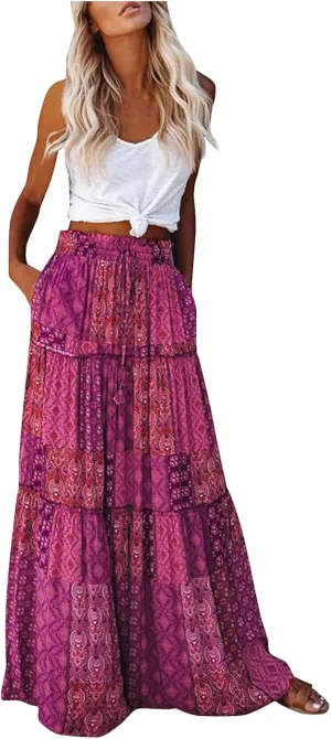 Long Skirts for Women Summer Floral High Waisted Casual A Line Skirt Pleated Beach Flowy Boho Maxi Skirt with Pockets