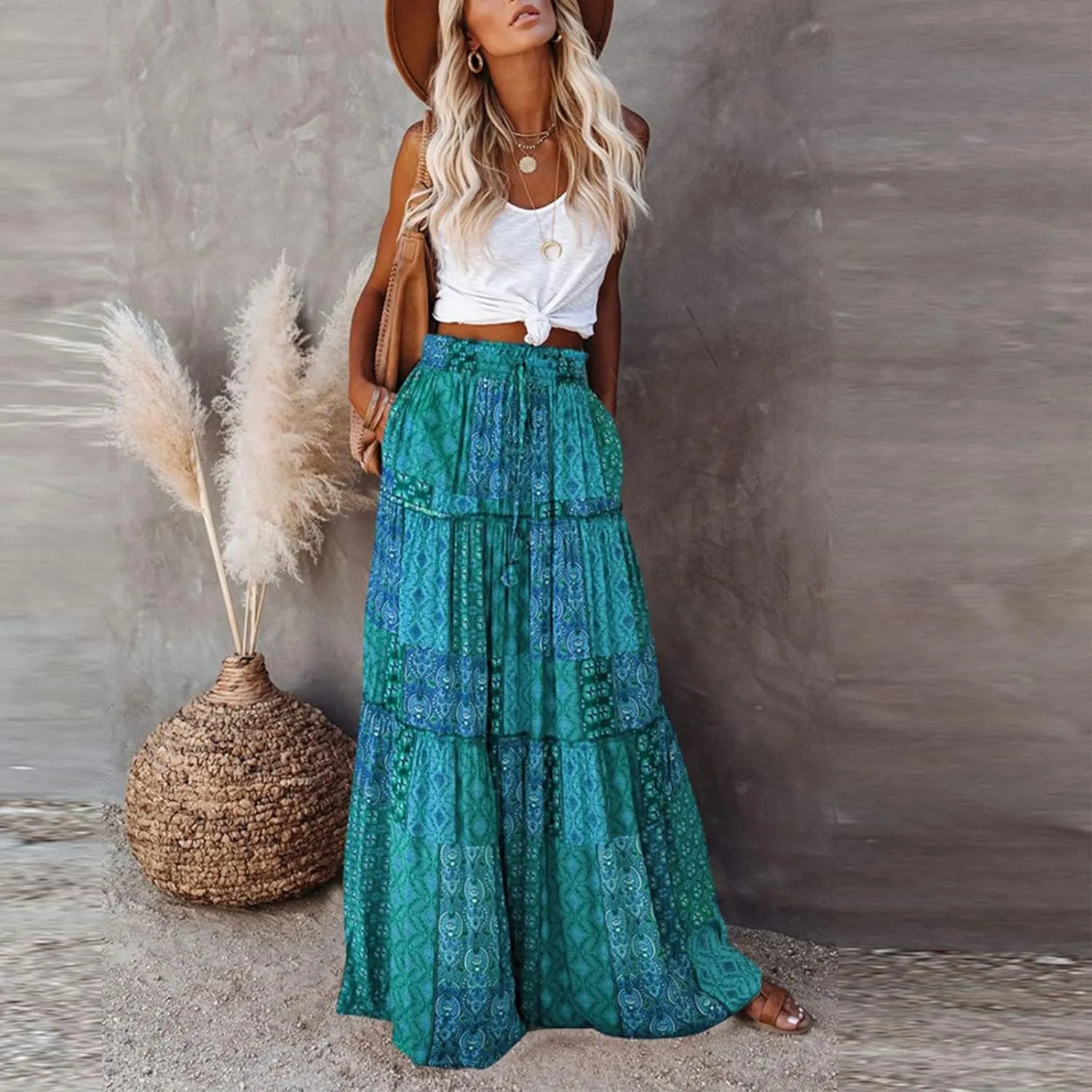 Long Skirts for Women Summer Floral High Waisted Casual A Line Skirt Pleated Beach Flowy Boho Maxi Skirt with Pockets