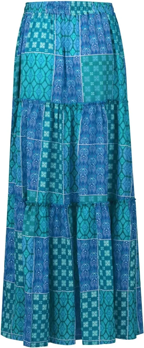 Long Skirts for Women Summer Floral High Waisted Casual A Line Skirt Pleated Beach Flowy Boho Maxi Skirt with Pockets