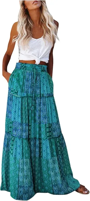 Long Skirts for Women Summer Floral High Waisted Casual A Line Skirt Pleated Beach Flowy Boho Maxi Skirt with Pockets