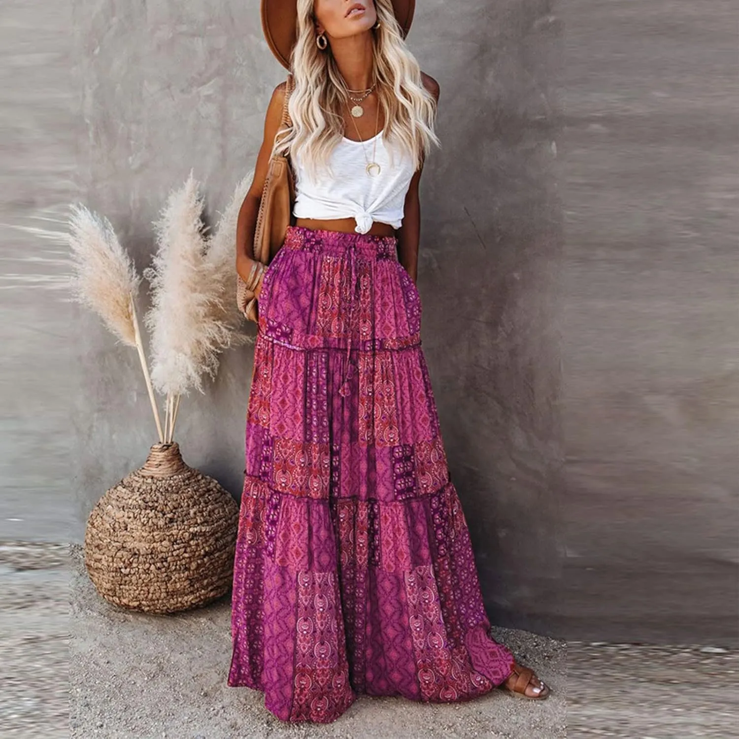 Long Skirts for Women Summer Floral High Waisted Casual A Line Skirt Pleated Beach Flowy Boho Maxi Skirt with Pockets